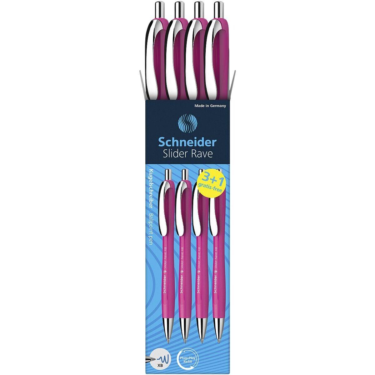 Kugelschreiber Slider Rave XB pink Schreibfarbe blau, 3 St. + GRATIS 1 Slider Rave XB pink