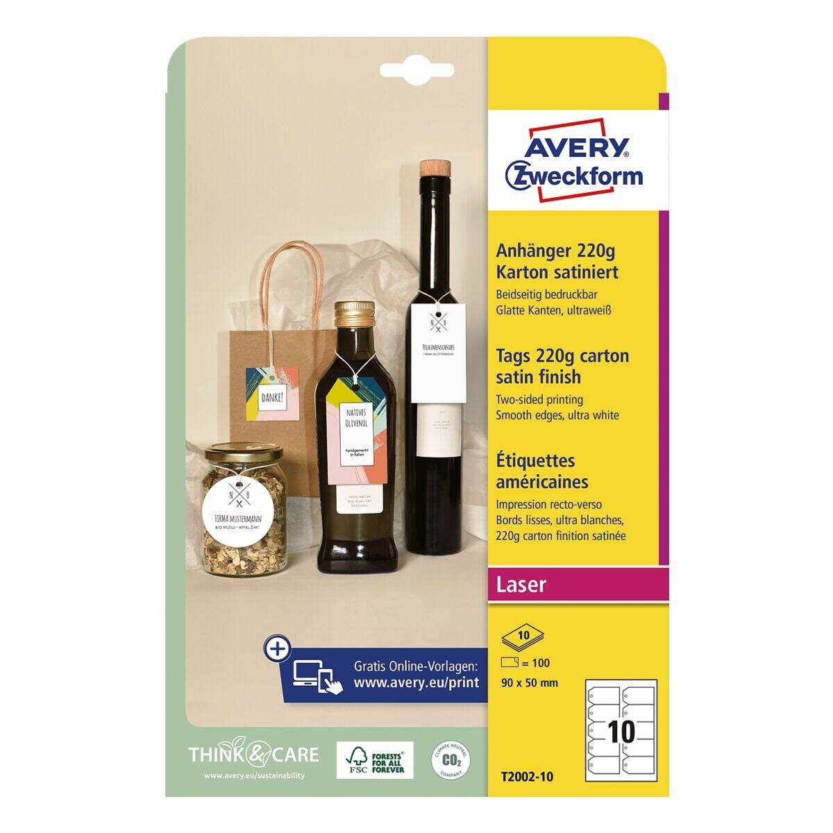 Avery-Zweckform T2002-10 Anhänger-Etiketten 90 x 50mm Karton Ultra-Weiß 100 St. Nicht klebend Farblaserdrucker, Laserdrucker