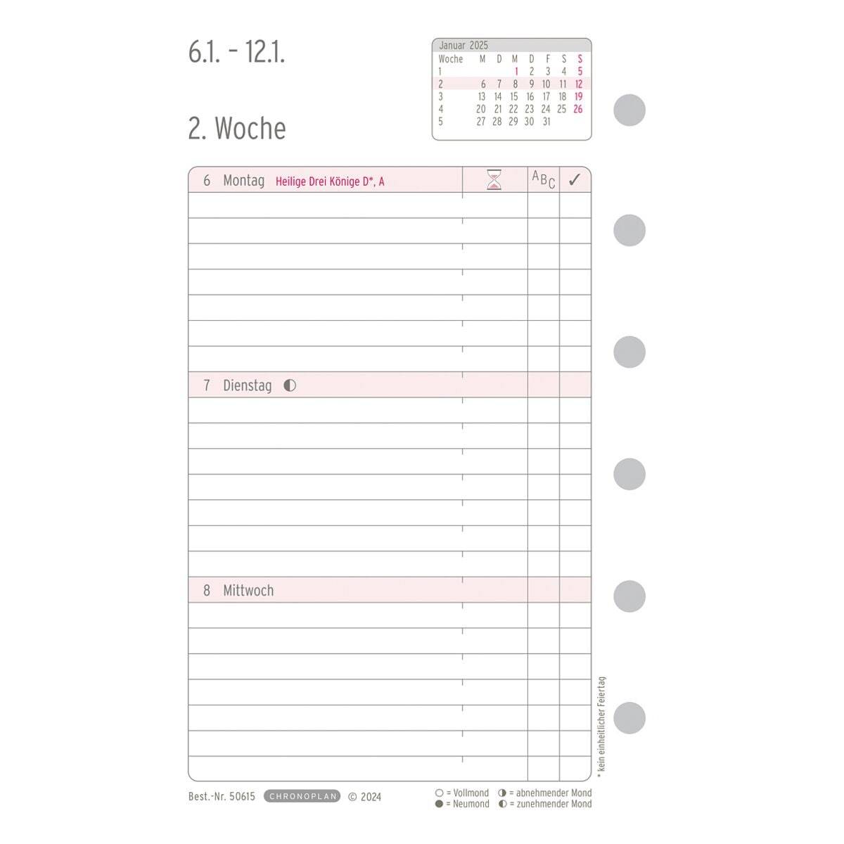 Wochenplan A7 Mini 1 Woche/2 Seiten Kalendarium 2025