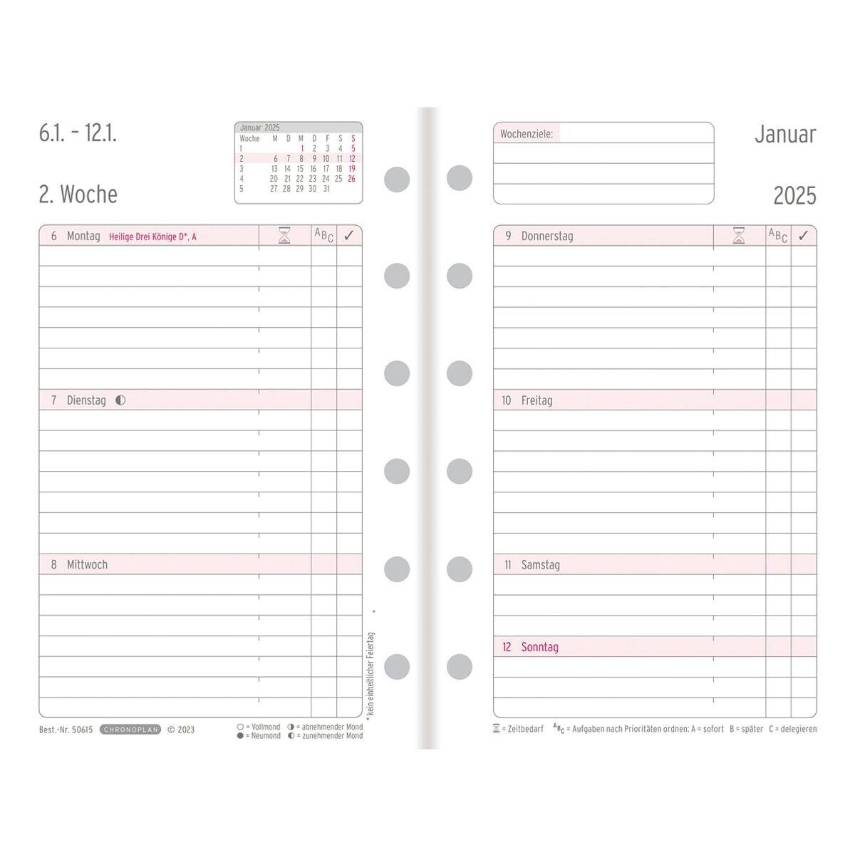 Wochenplan A7 Mini 1 Woche/2 Seiten Kalendarium 2025