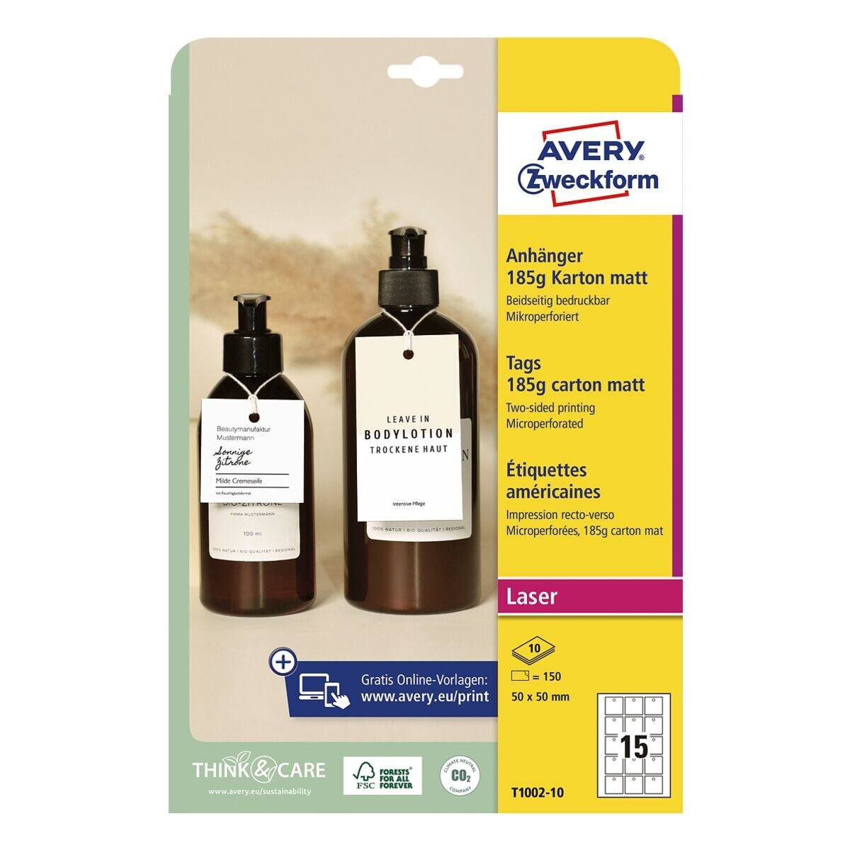 Avery-Zweckform T1002-10 Anhänger-Etiketten 50 x 50mm Karton Weiß 150 St. Nicht klebend Farblaserdrucker, Laserdrucker