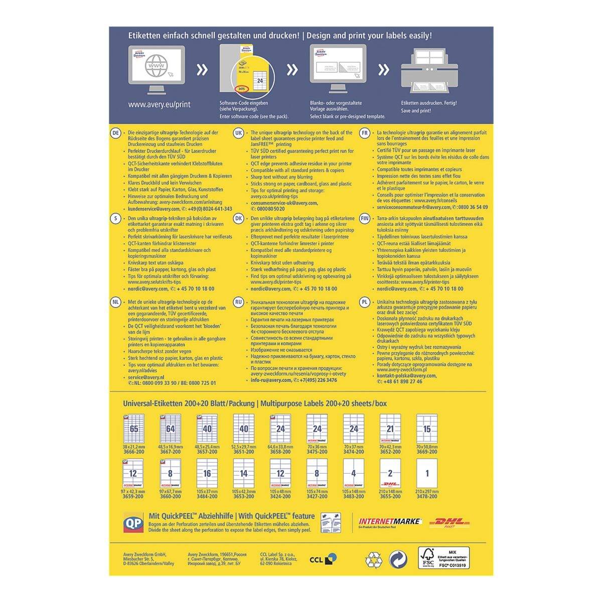 Avery Zweckform 3669 - Klebstoff - weiß - 50.8 x 70 mm 3000 Etikett(en) (200 Bogen x 15) Etiketten