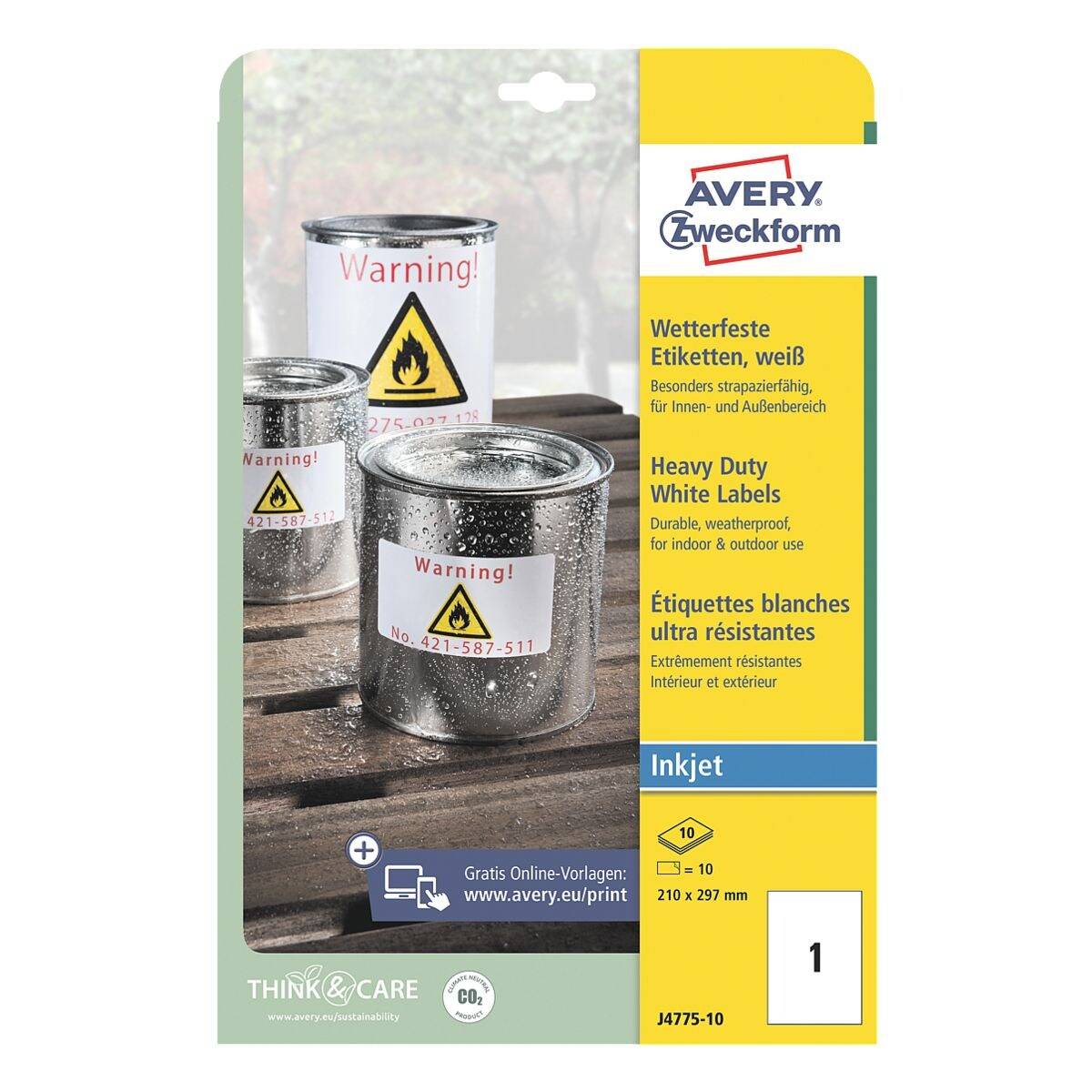 Avery-Zweckform J4775-10 Folien-Etiketten 210 x 297mm Polyester-Folie Weiß 10 St. Permanent haftend Tintenstrahldrucker