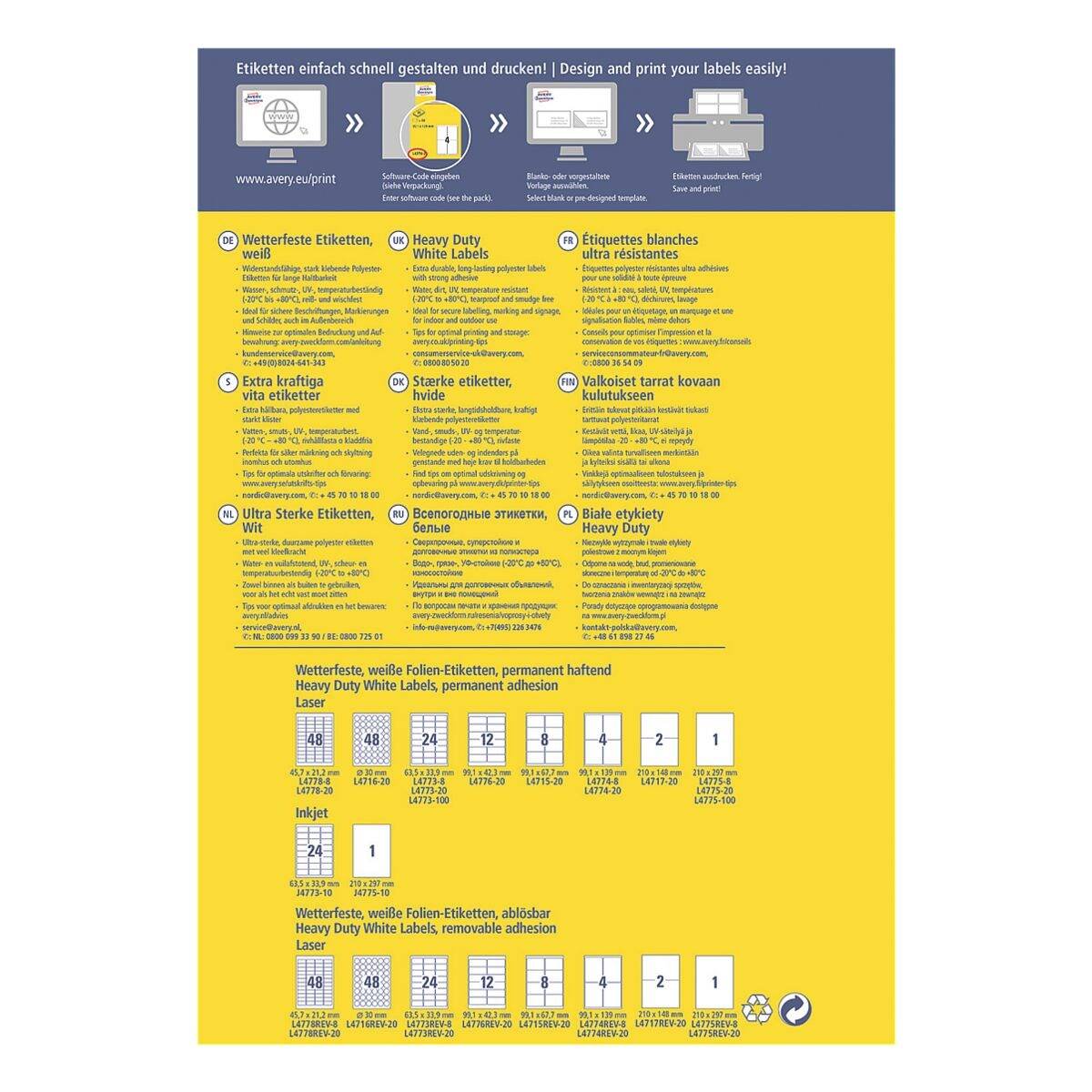 Avery-Zweckform J4775-10 Folien-Etiketten 210 x 297mm Polyester-Folie Weiß 10 St. Permanent haftend Tintenstrahldrucker