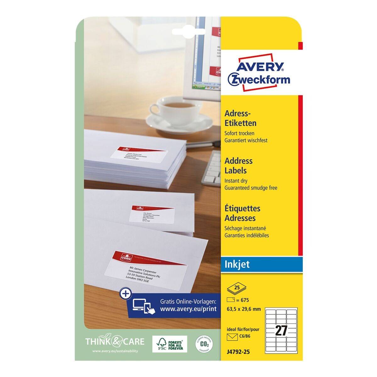 Avery Zweckform J4792 - Weiß - 29.6 x 63.5 mm 675 Etikett(en) (25 Bogen x 27)