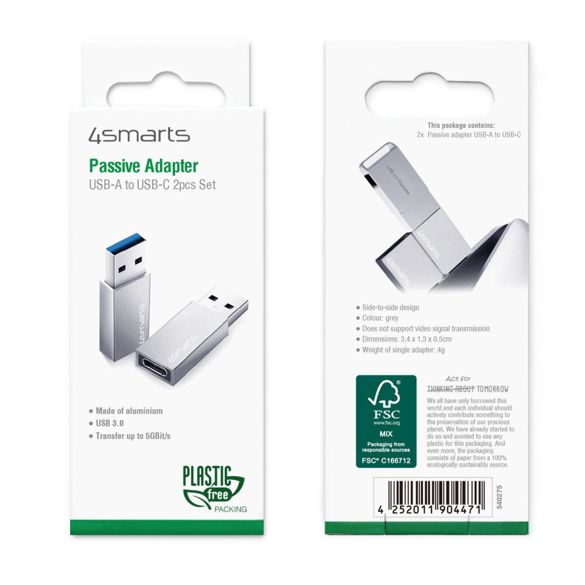 4smarts 540275, USB Typ-A, USB Typ-C, Männlich, Grau, Passiv, 5 Gbit/s