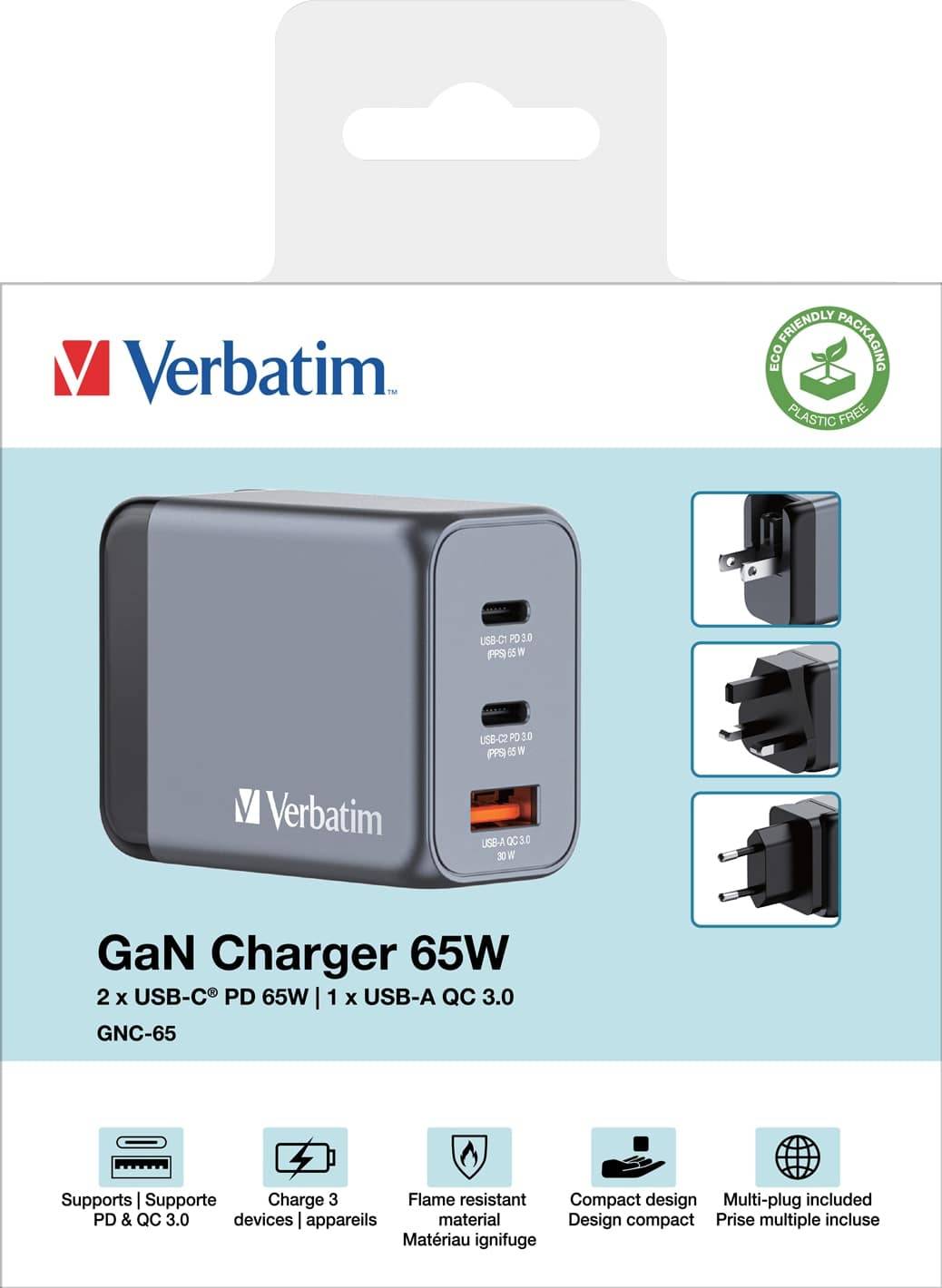 Verbatim GaN Charger 65 W, 3 Ports USB-C Ladegerät, Power Adapter mit 2 x USB-C und 1 x USB-A, Schnellladegerät