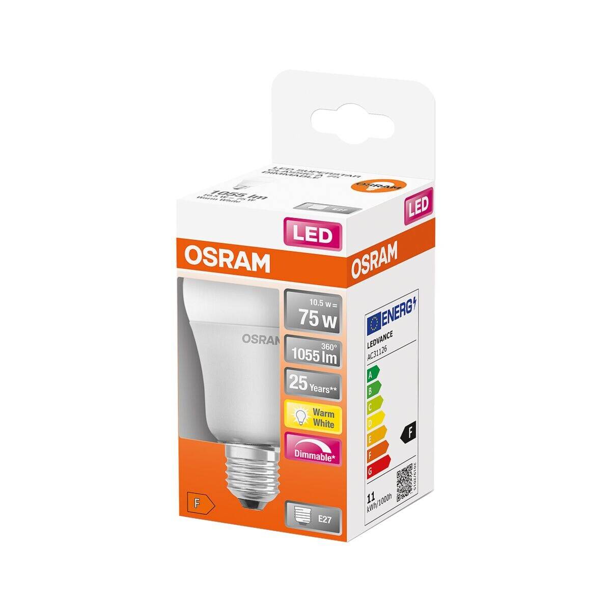 OSRAM 4058075433809 LED EEK F (A - G) E27 Glühlampenform 10.5 W = 75 W Warmweiß (Ø x L) 60 mm x 105 mm 1 St.