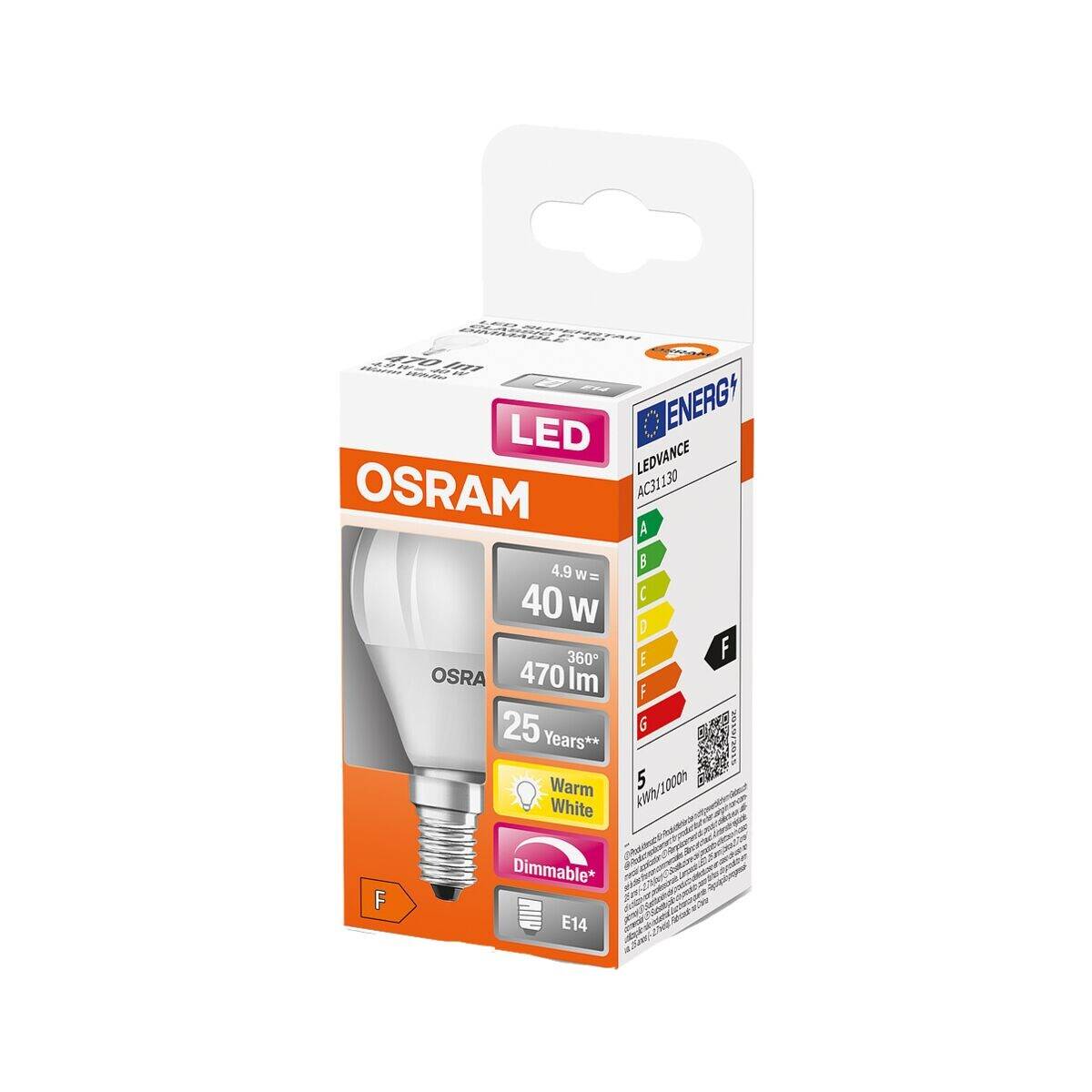 OSRAM 4058075430938 LED EEK F (A - G) E14 Glühlampenform 4.9 W = 40 W Warmweiß (Ø x L) 45 mm x 80 mm 1 St.