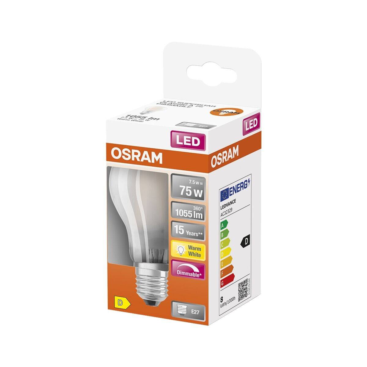 OSRAM 4058075112094 LED EEK D (A - G) E27 Glühlampenform 7.5 W = 75 W Warmweiß (Ø x L) 60 mm x 105 mm 1 St.