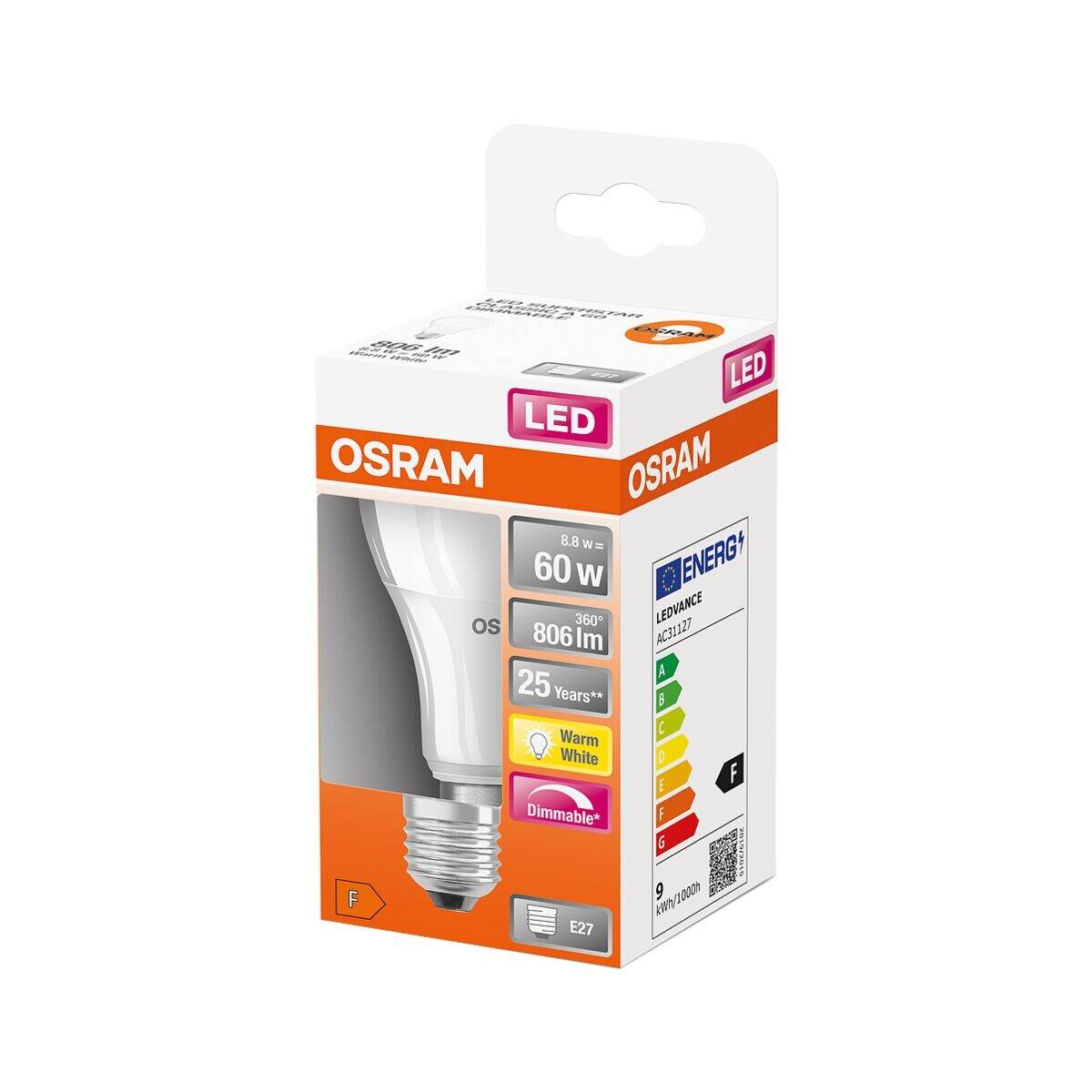 OSRAM HOMELIGHTING 4058075433861 LED EEK F (A - G) E27 Glühlampenform 8.8 W = 60 W Warmweiß (Ø x L) 60 mm x 106 mm 1 St.