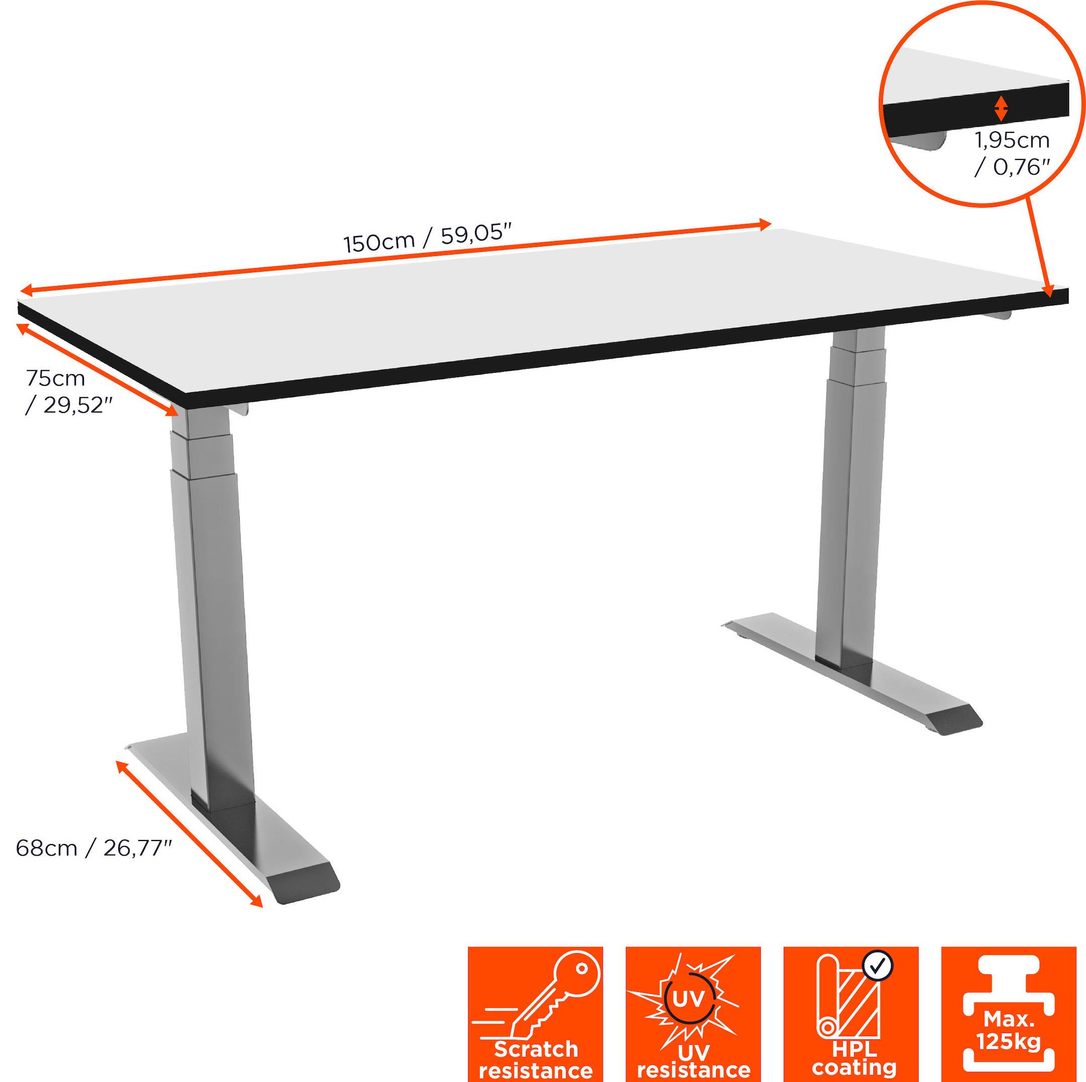 celexon elektrisch höhenverstellbarer Schreibtisch Professional eAdjust-58123 - grau, inkl. HPL Tischplatte 150 x 75 cm
