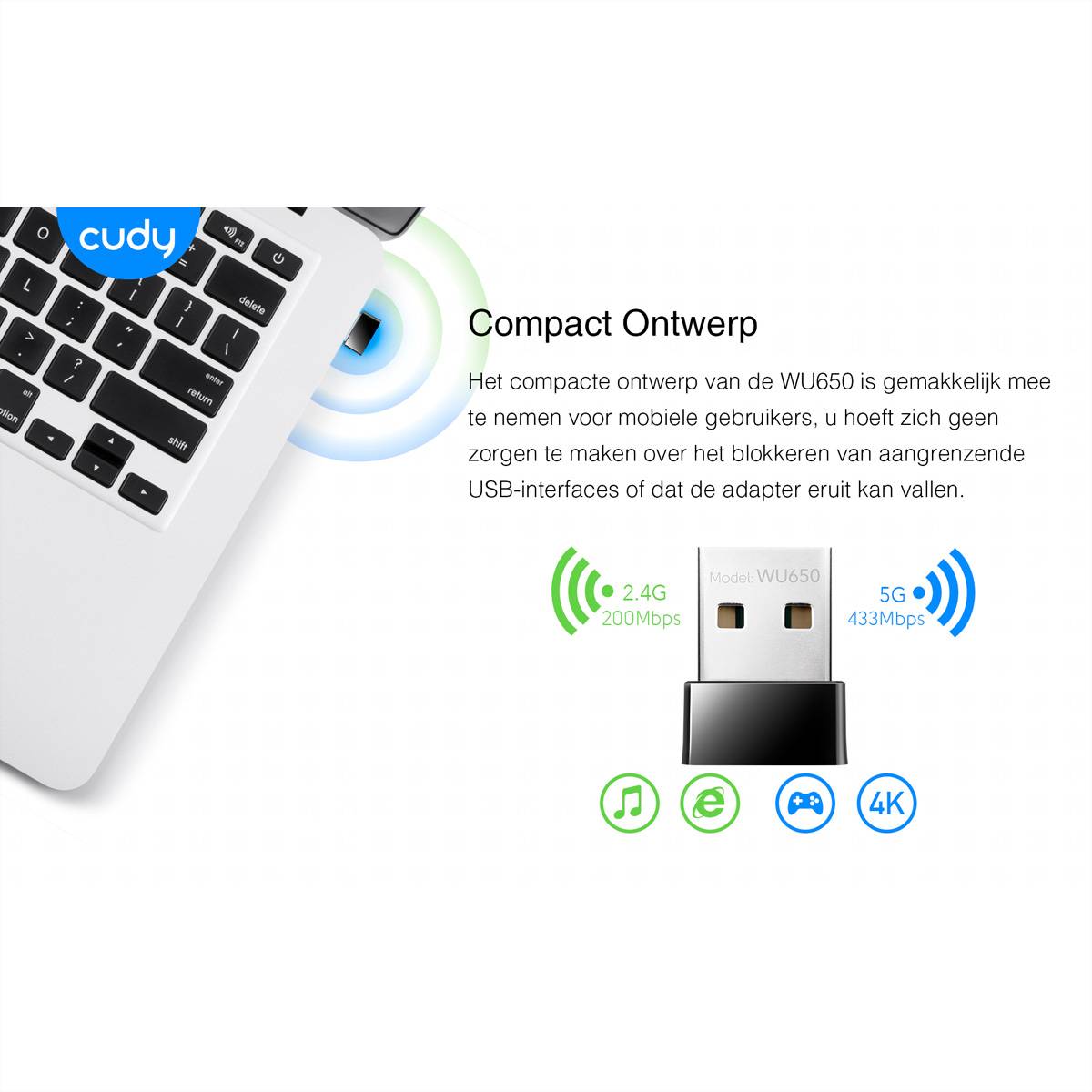 CUDY WU650, Kabellos, USB, WLAN, Wi-Fi 5 (802.11ac), 433 Mbit/s, Schwarz