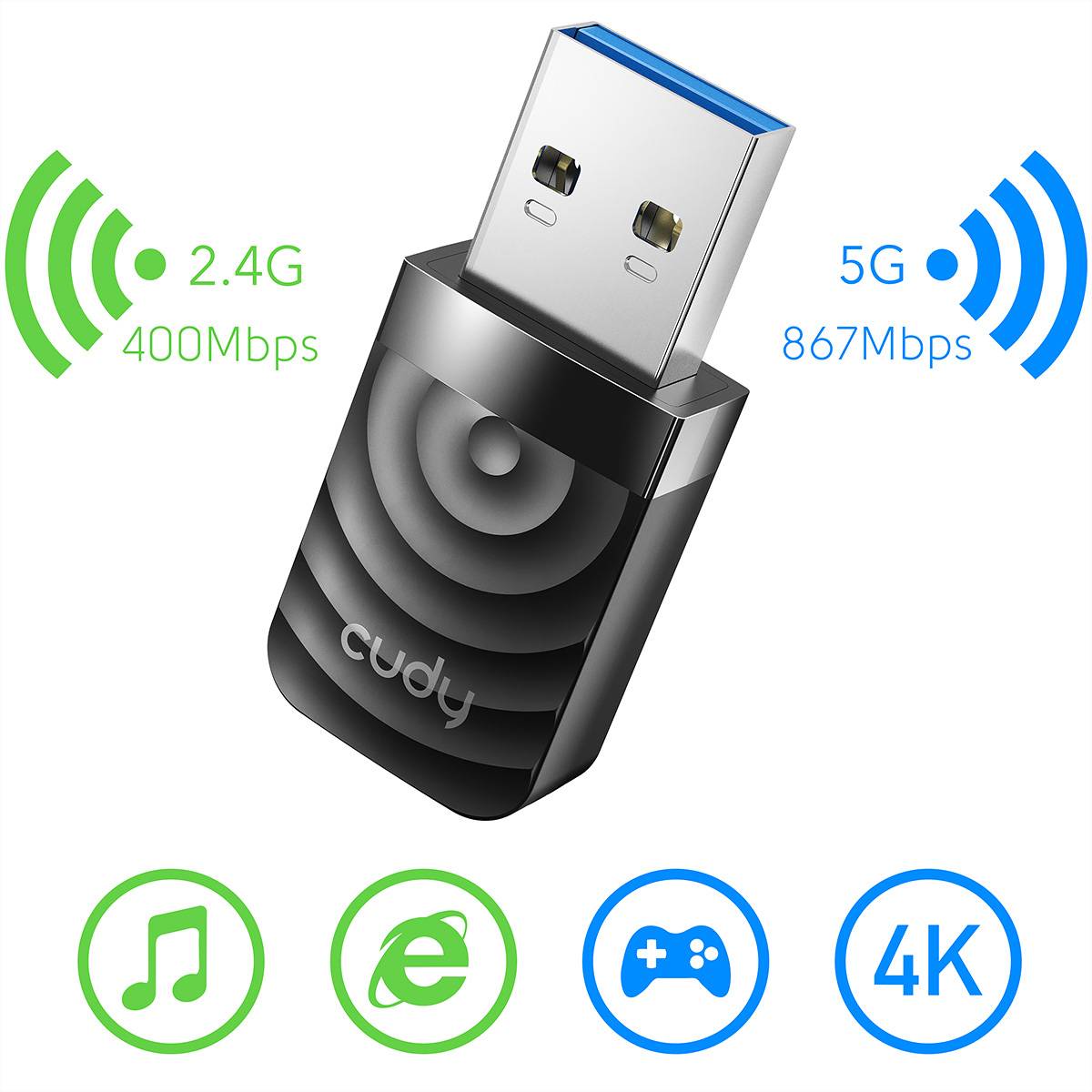 CUDY WU1300S, Kabellos, USB, WLAN, Wi-Fi 5 (802.11ac), 867 Mbit/s, Schwarz