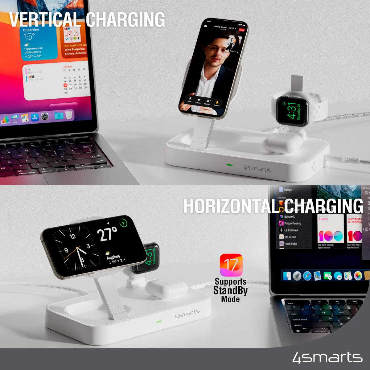 4smarts Trident - Kabelloses Ladegerät - Qi2 + AC-Netzteil - 25 Watt - 1 A (24 pin USB-C)