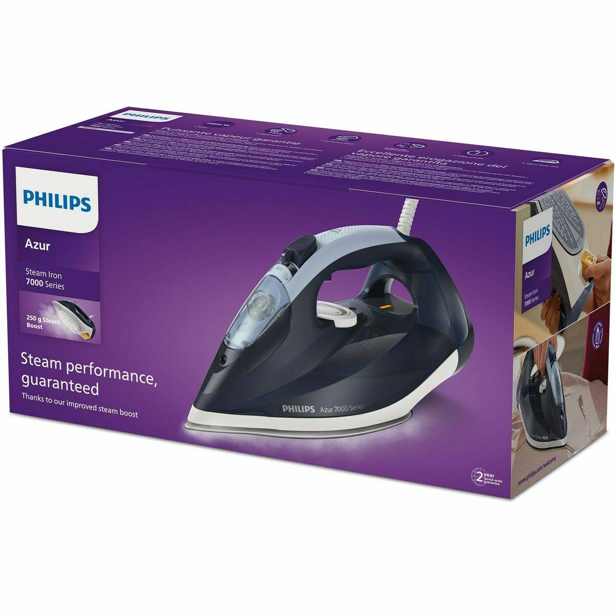 Philips 7000 series Trocken- & Dampfbügeleisen SteamGlide Plus-Sohle 2 m 250 g/min Blau 50 Bügeleisen/-Station
