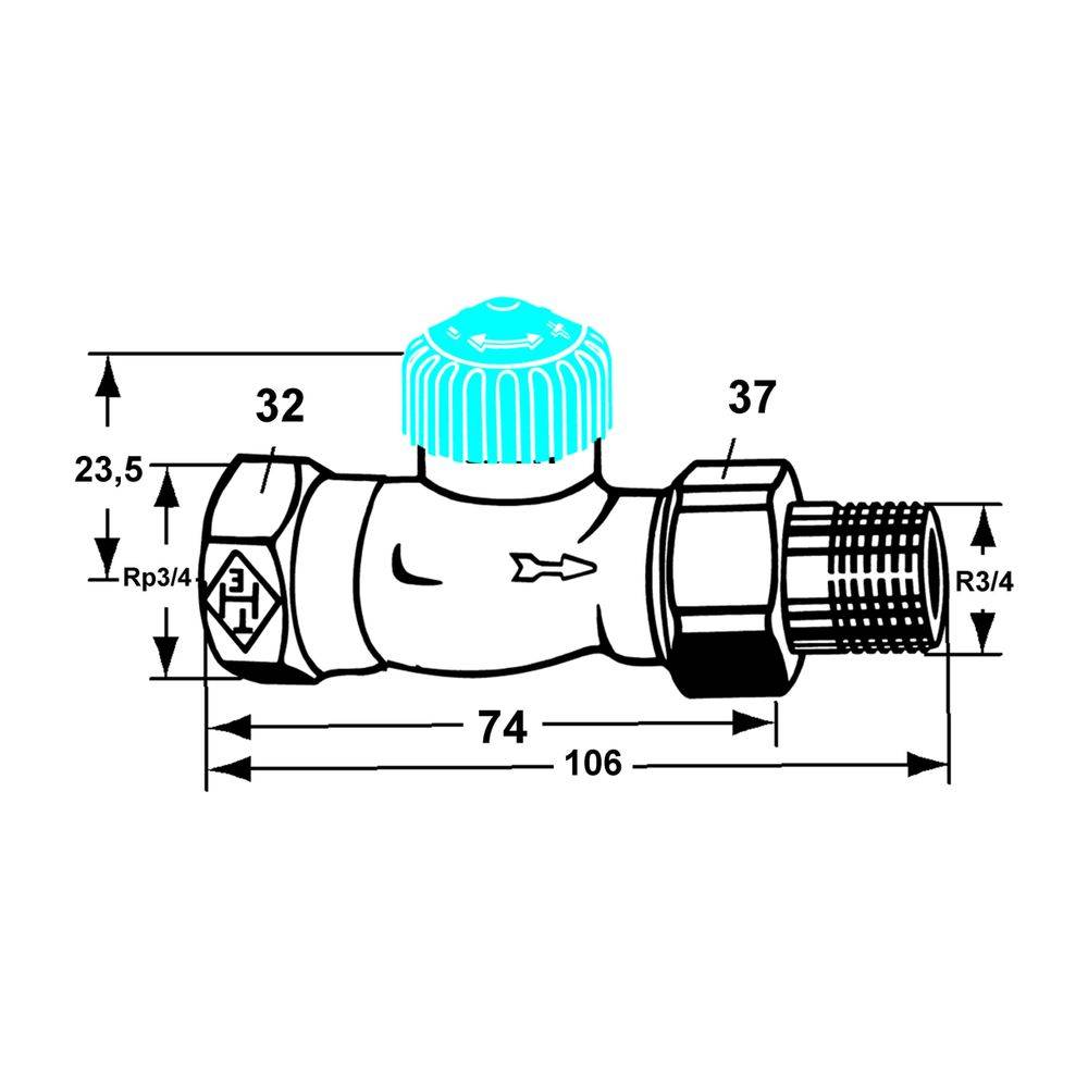 IMI Heimeier Thermostat-Ventilunterteil mit geringem Widerstand, Durchgangsform DN 20