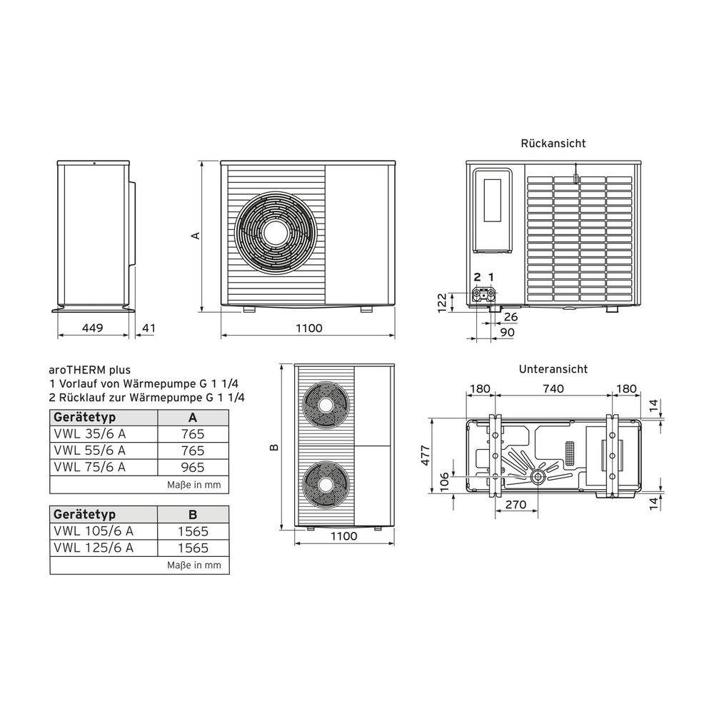 Vaillant Luft-Wasser-Wärmepumpe aroTHERM plus VWL 75/6 A S2, 4,6kW bei A7/W35, R290, 230V