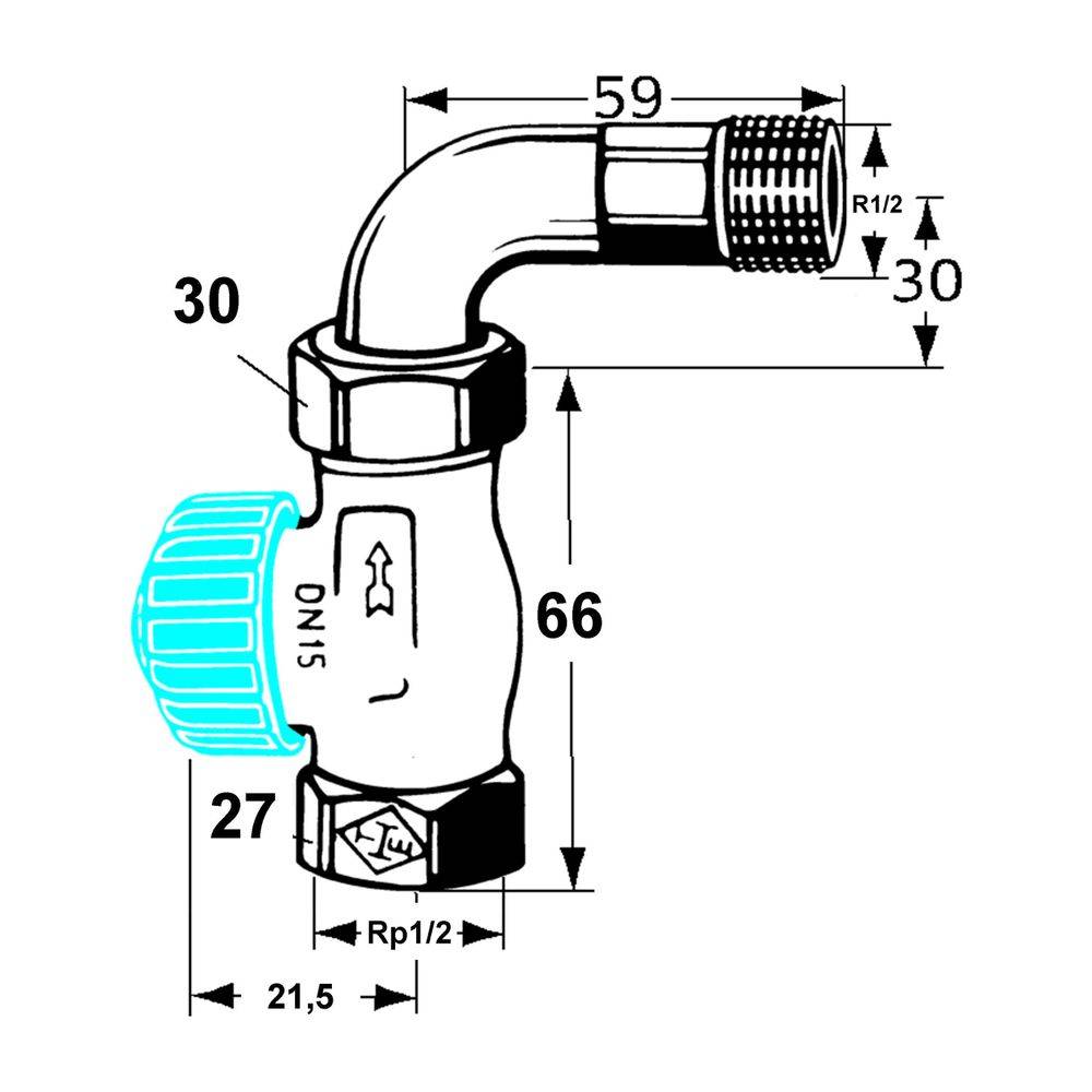IMI Heimeier Thermostat-Ventilunterteil mit geregeltem Widerstand, Durchgangsform DN 15 Bogenverschraubung