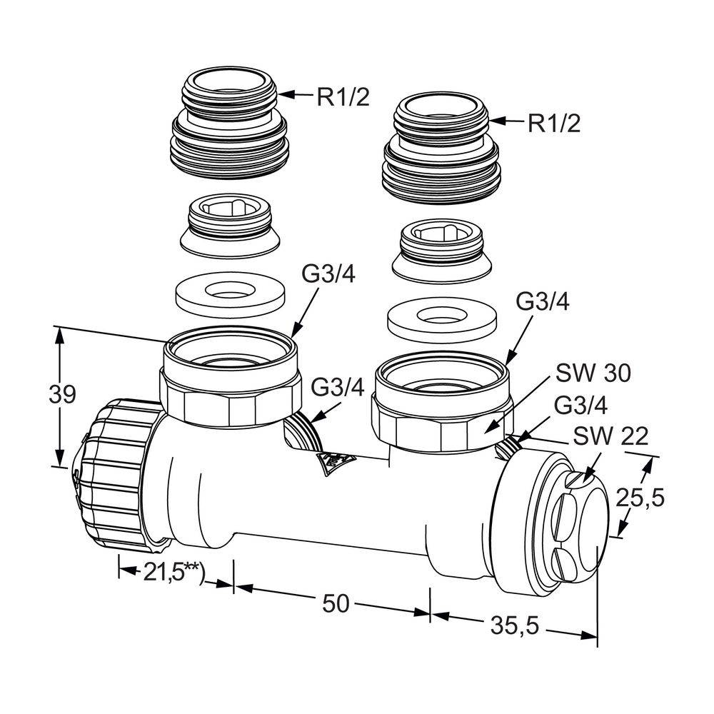IMI Heimeier Ventil Multilux Zweirohr Eck, für Rp 1/2" Innengewinde und G 3/4" Außengewinde