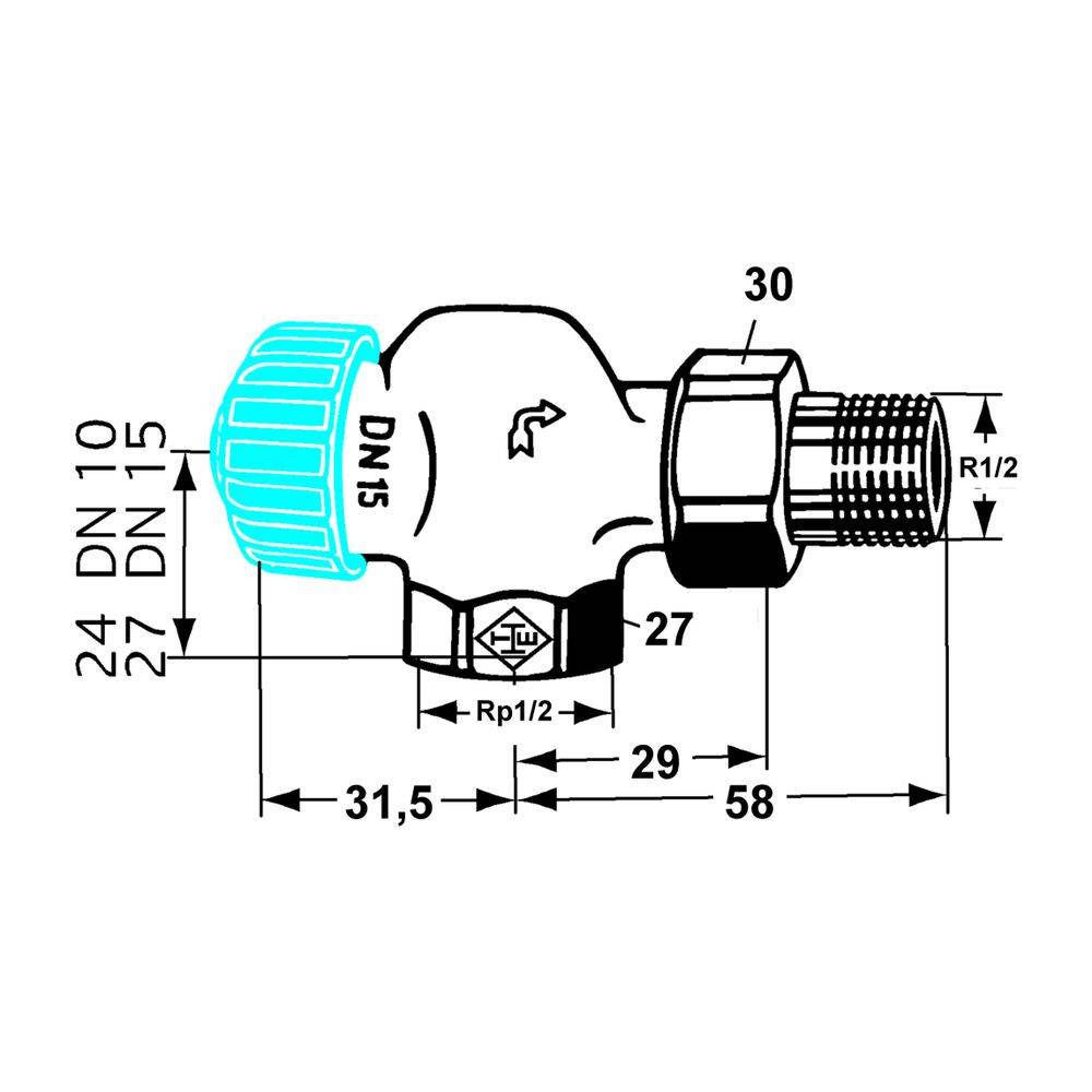 IMI Heimeier Thermostat-Ventilunterteil mit geringem Widerstand, Axialform DN 15