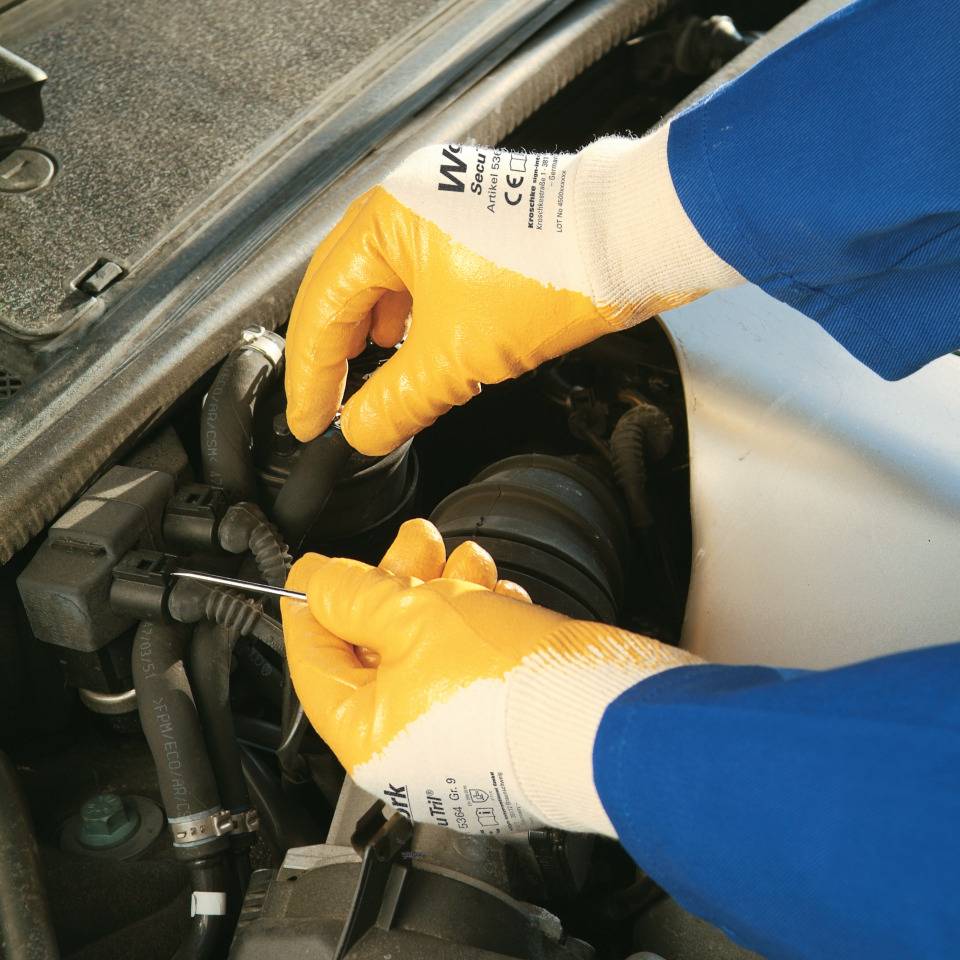 Work Schutzhandschuh SecuTril®, gelb, Baumwolltrikot, Nitril, Größe 9, EN 388, Kat. II