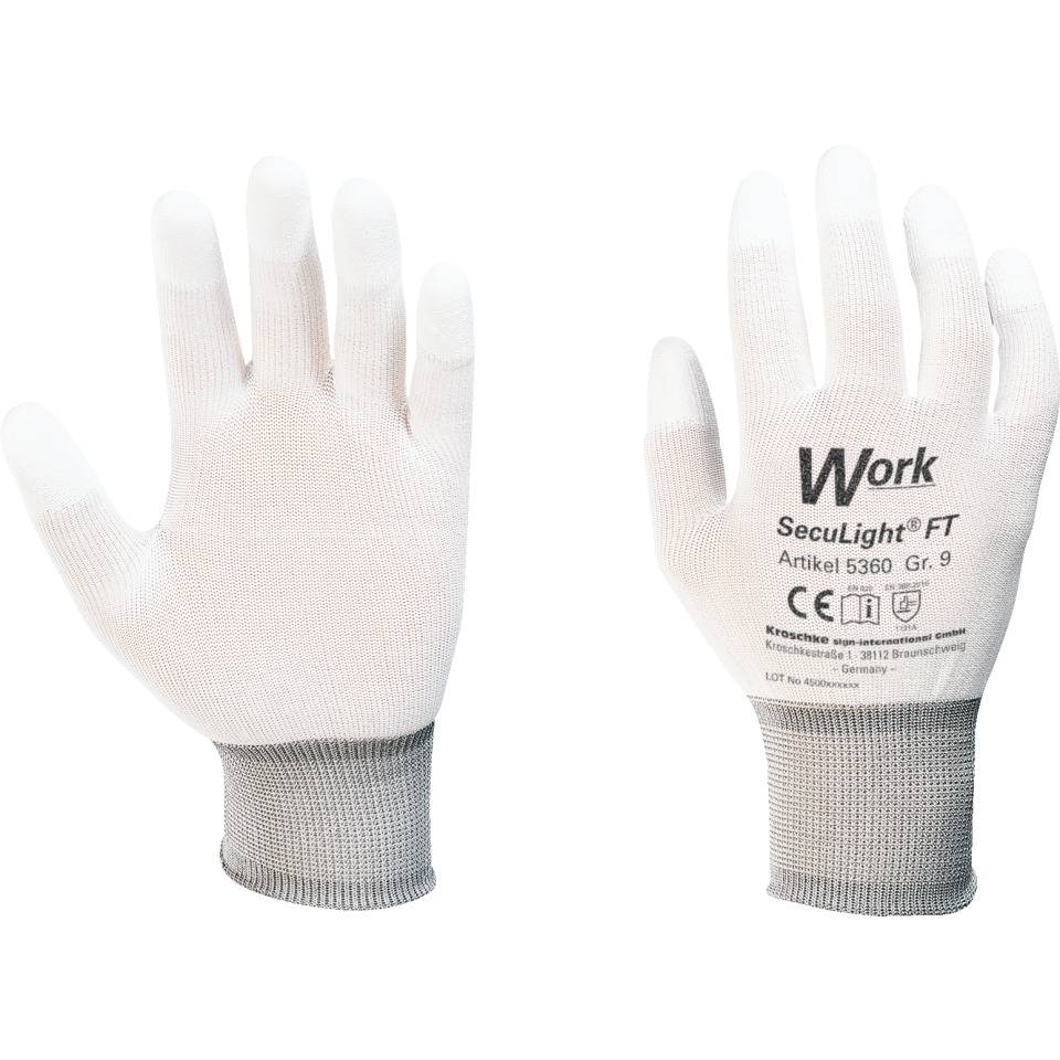 Work Schutzhandschuh SecuLight® FT, weiß, Nylon, Finger PU-beschichtet, Größe 10, EN 388, Kat. II