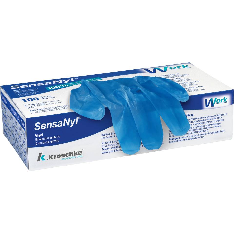 Work Einmalhandschuh SensaNyl® blue P, Kat.I, blau, gepudert, Vinyl, Größe 8, 100/VE