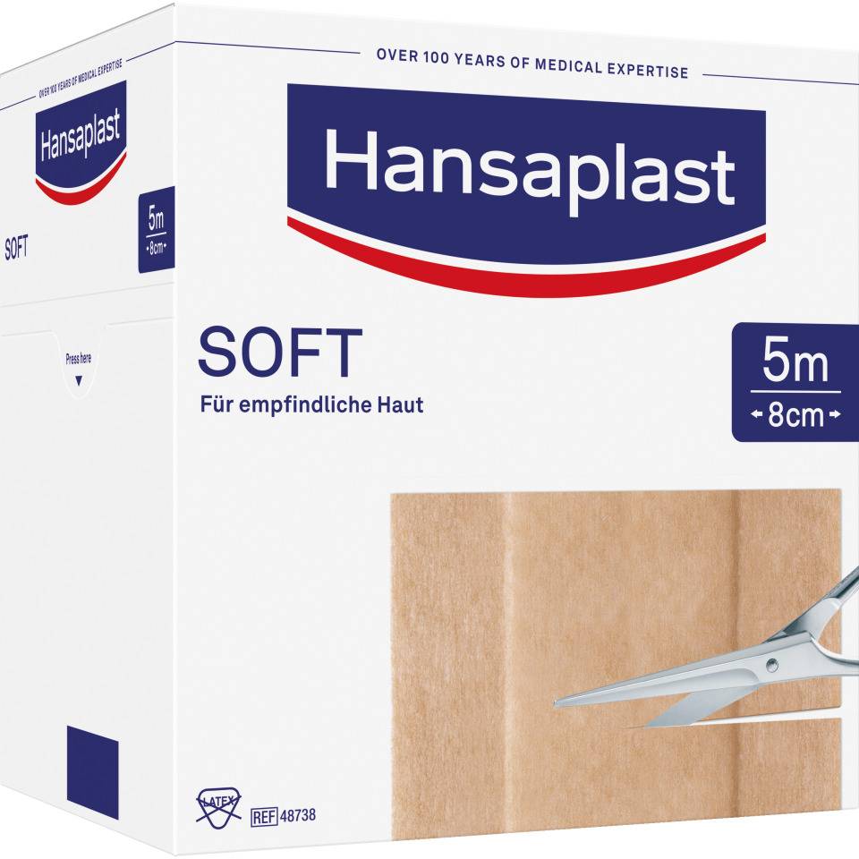 Hansaplast® Soft-Pflaster, für empfindliche Haut, sanft ablösbar, 8cm, 5m/Rolle