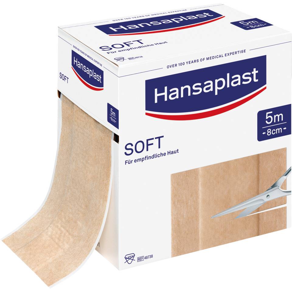 Hansaplast® Soft-Pflaster, für empfindliche Haut, sanft ablösbar, 8cm, 5m/Rolle