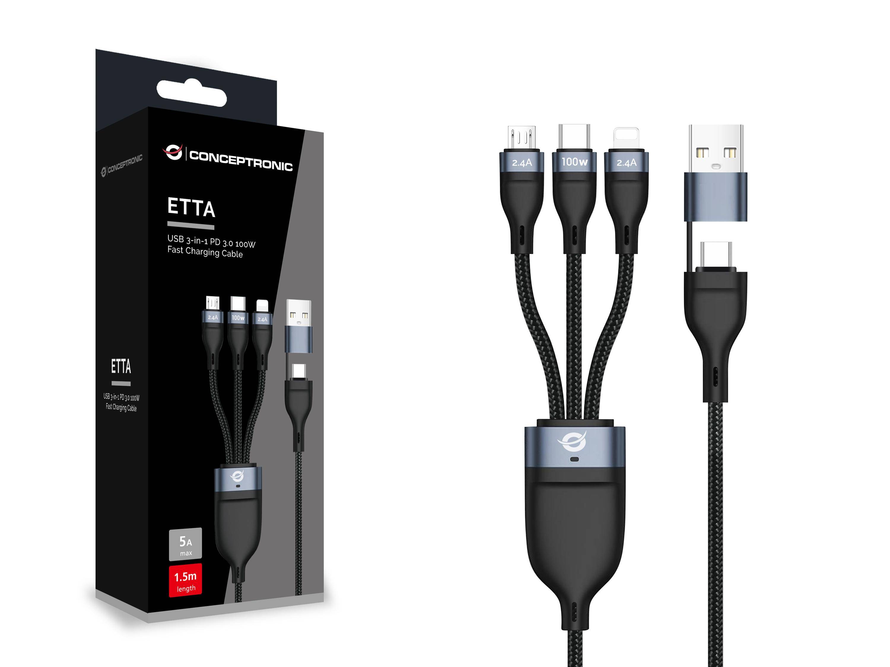Conceptronic Kabel USB-C/A 3.0 -> 3-in-1 100W 1.50m 480Mbps - Kabel - Digital/Da