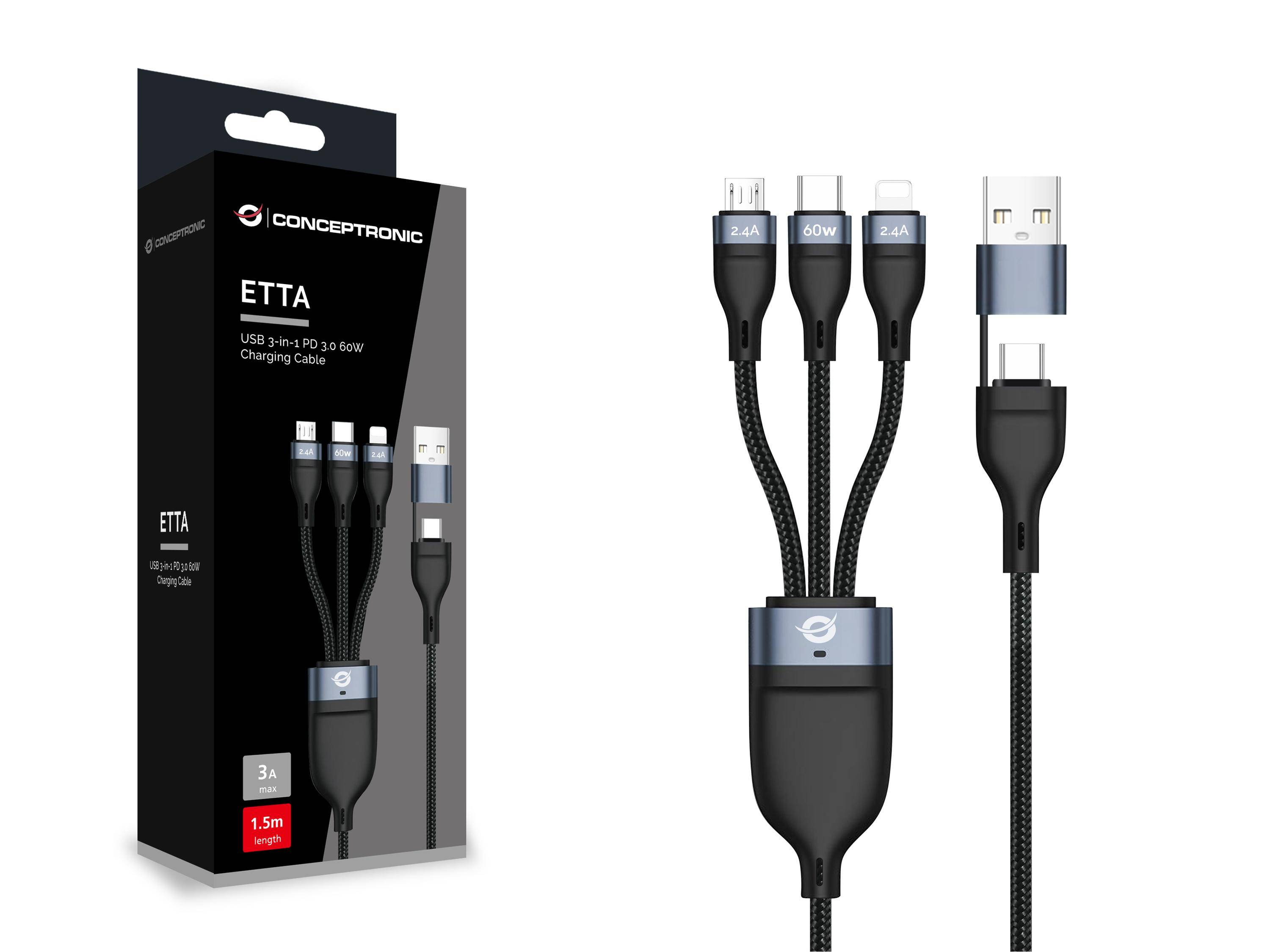 Conceptronic Kabel USB-C/A 3.0 -> 3-in-1 60W 1.50m 480Mbps - Kabel - Digital/Dat