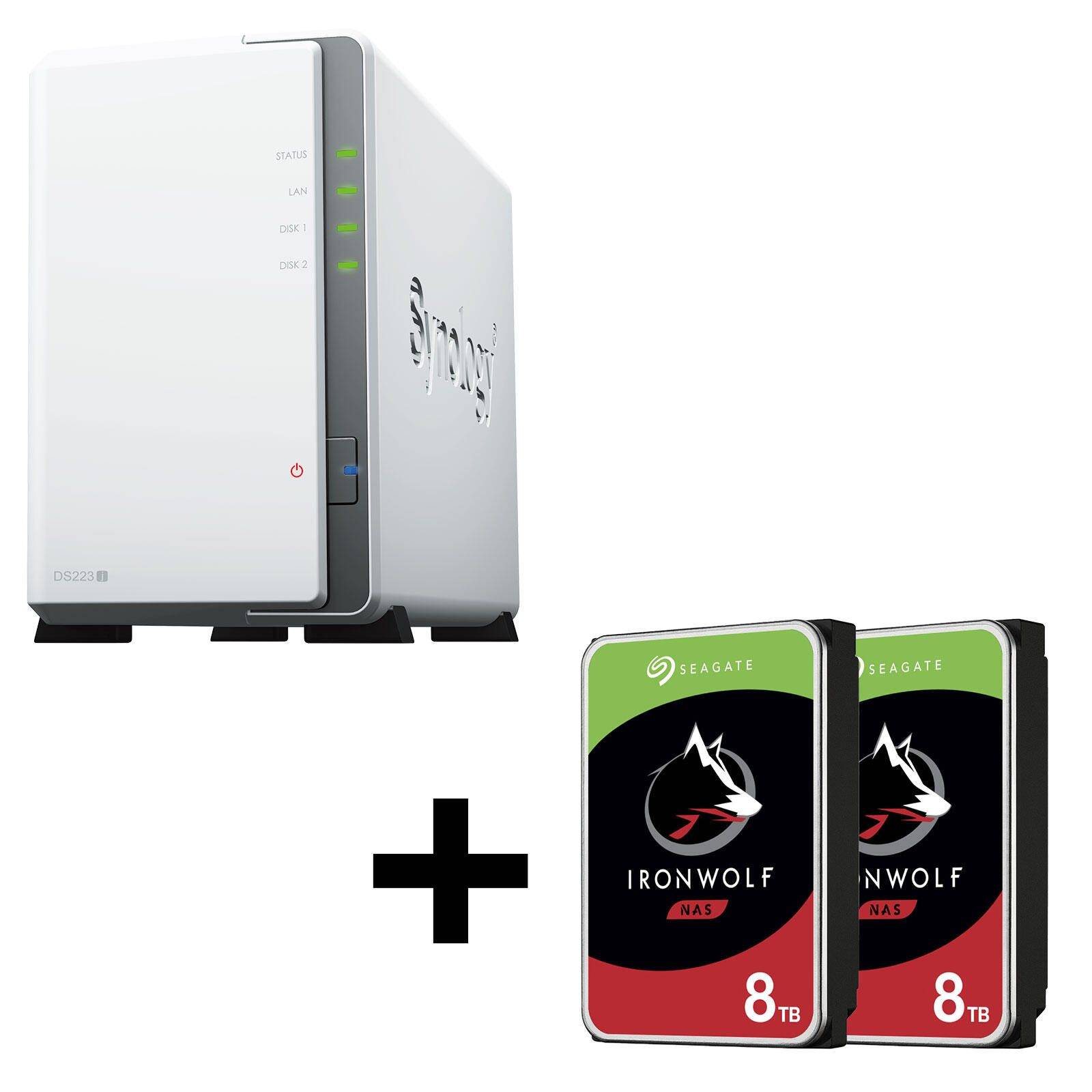 DiskStation DS223J 2 Einschübe NAS-Server Leergehäue + 16TB (2x8TB) Seagate Ironwolf SATA 3.5 HDD Festplatten