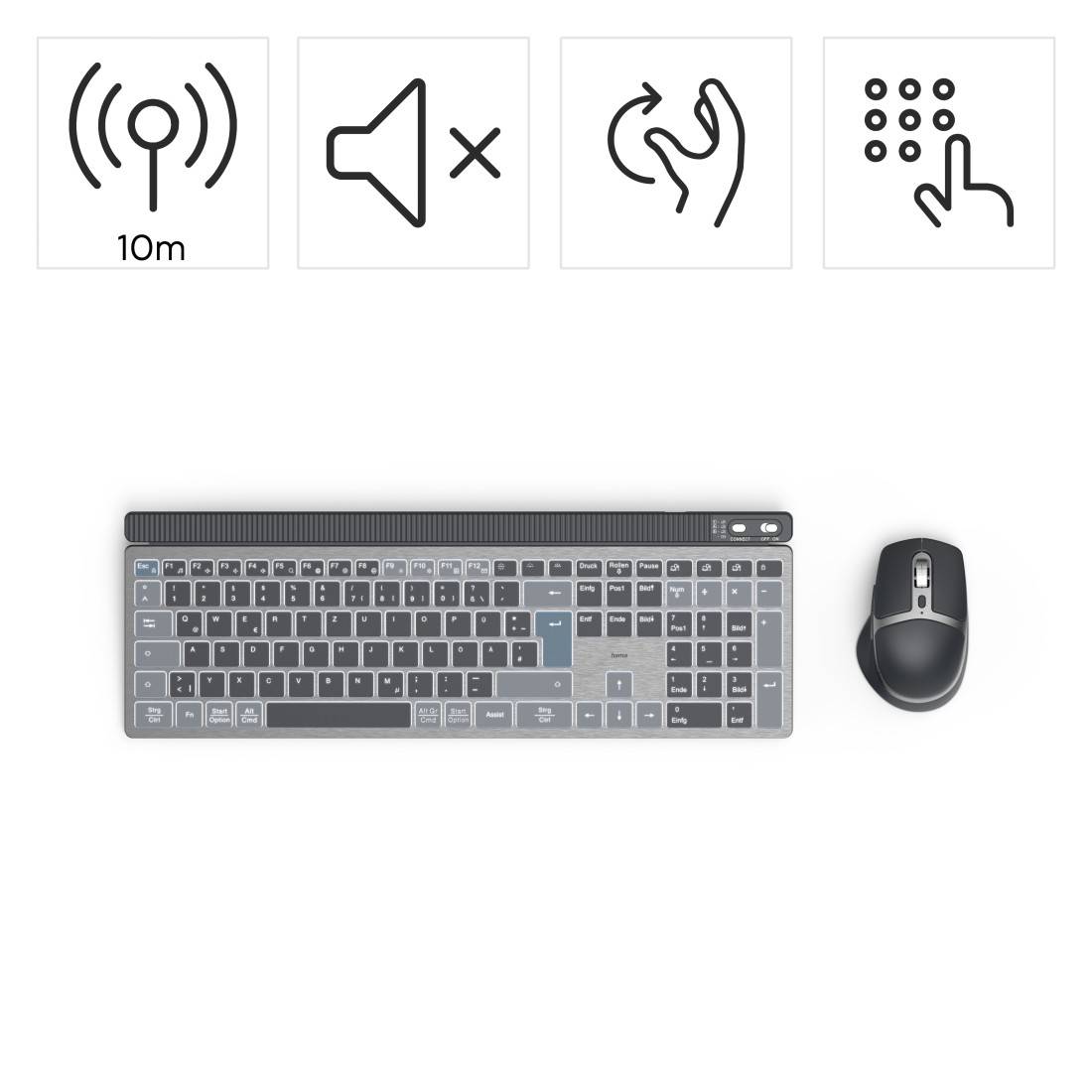 hama 00173069 Multi-Device-Tastatur-Maus-Set "WKM-750", kabellos, LED, Schwarz, QWERTZ DE