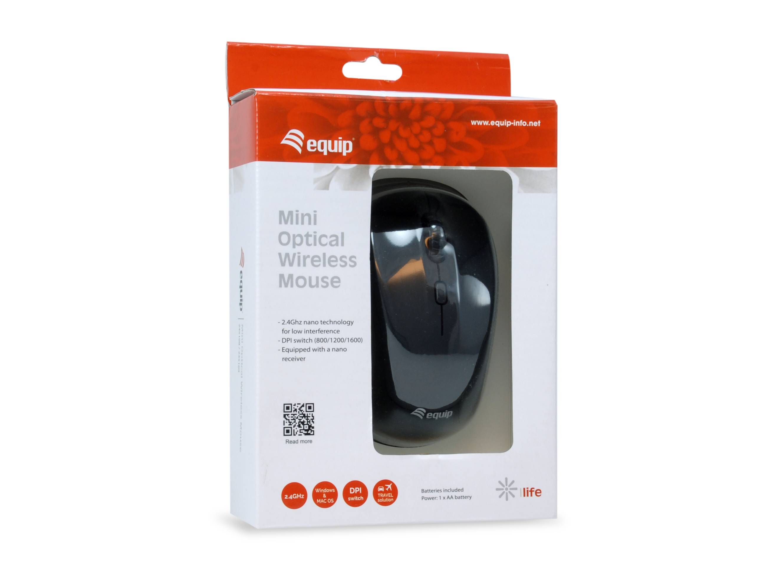 Equip Optische Mini Maus kabellos - Beidhändig - Optisch - RF Wireless - 1600 DPI - Schwarz