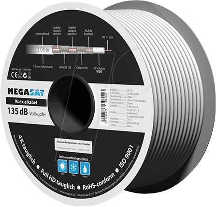 MEGASAT Koaxialkabel , Vollkupfer, 135 dB, 100 m