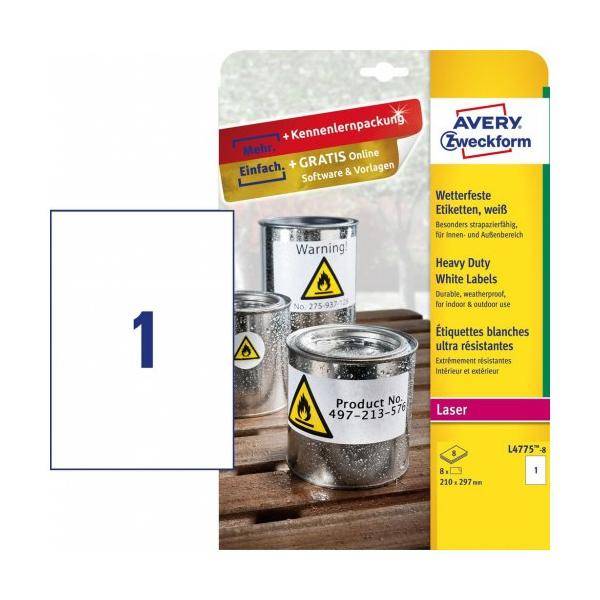 Avery Zweckform Avery L4775-8 - Weiß - Selbstklebendes Druckeretikett - A4 - Polyester - Laser - Dauerhaft