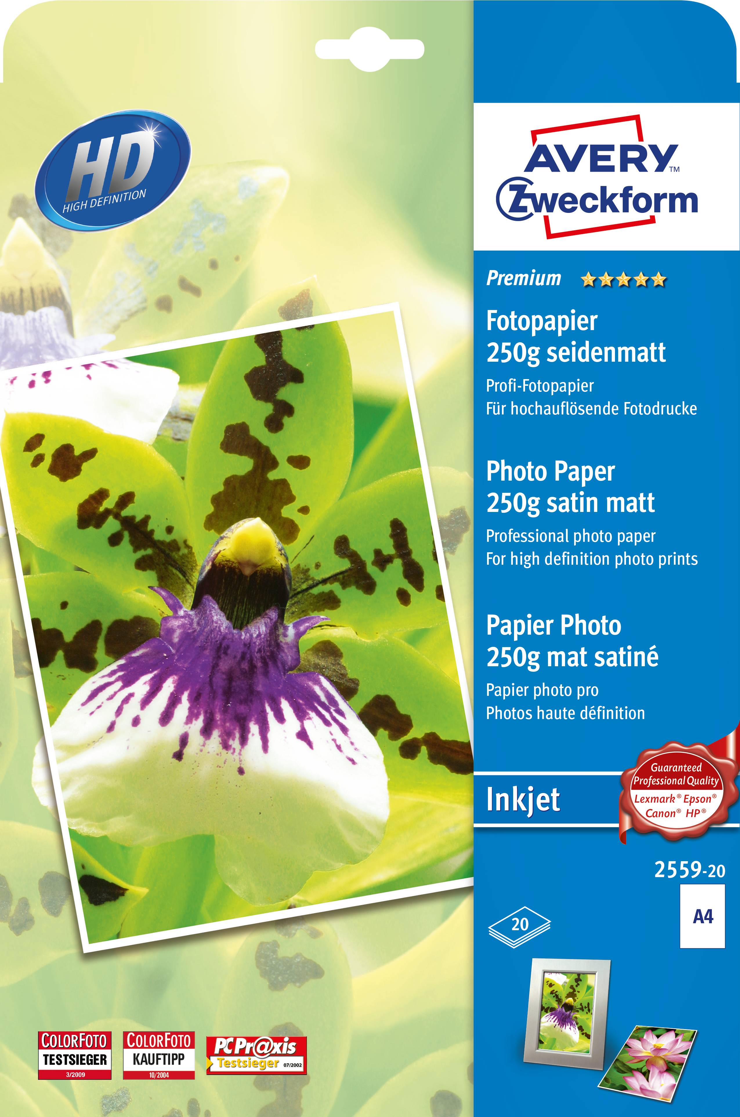 AVERY Zweckform Premium Inkjet Fotopapier, seidenmatt, DIN A4, 250 g/m²