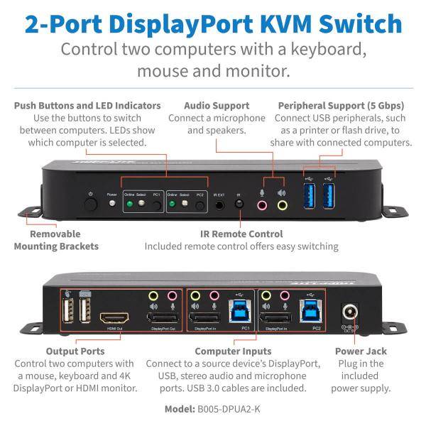 Tripp DisplayPort USB KVM Switch 2-Port 4K 60Hz HDR DP 1.4 USB Cables - KVM-/Aud