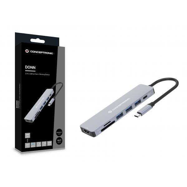 Conceptronic DONN19G 7-in-1 USB 3.2 Gen 1 Dockingstation - HDMI - USB-A 3.0 x 3 - SD - TF/MicroSD - 100W USB PD - Kabelgebunden - USB 3.2 Gen