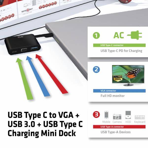 Club3D Adapter USB 3.0 Typ C > VGA/USB3/USB-C