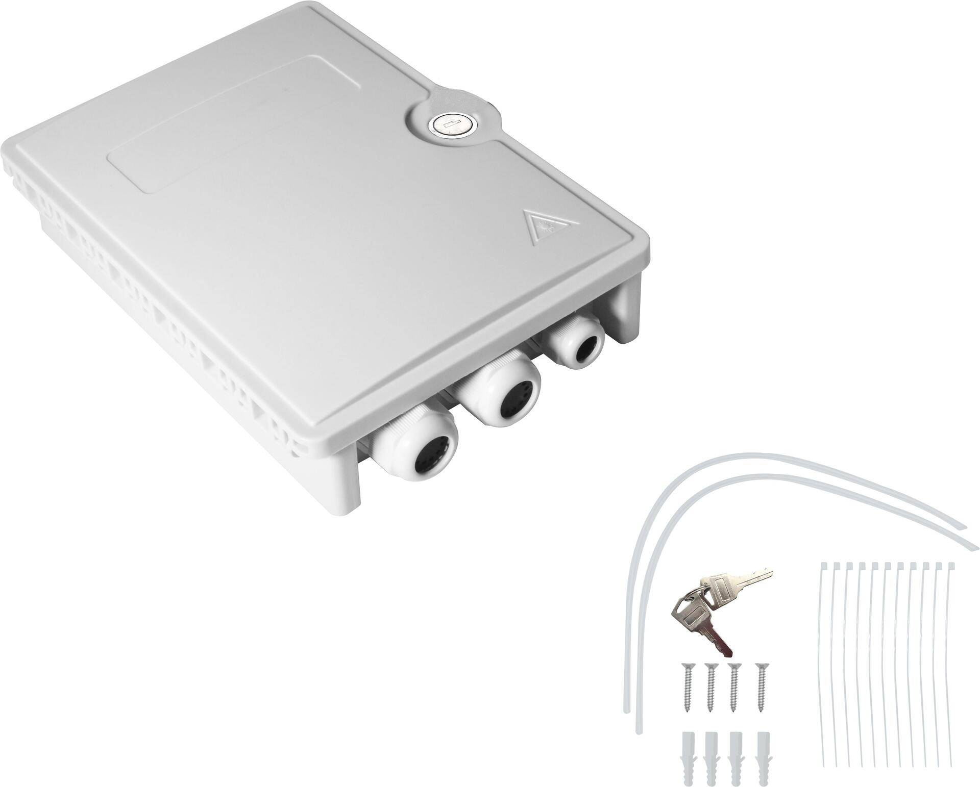 Helos FTTH-Hausanschlussbox für max. 24 Fasern 6x LC/QD oder SC/DX