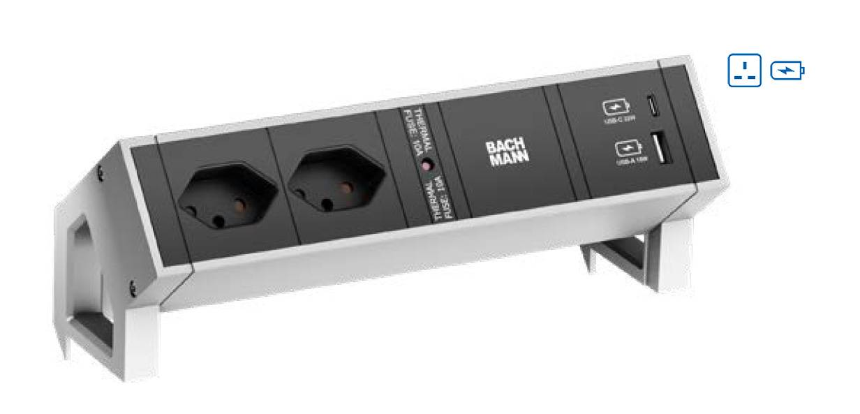 BACHMANN DESK2 2xUK 1xUSB A/C 22W, 0,2m GST18 INOX United Kingdom