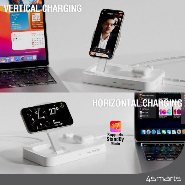 4smarts Trident - Kabelloses Ladegerät - Qi2 + AC-Netzteil - 25 Watt - 1 A - 2 Ausgabeanschlussstellen (24 pin USB-C)