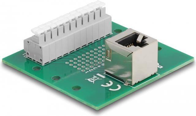 Delock RJ50 Buchse zu Terminalblock mit Drucktaster für Hutschiene gewinkelt