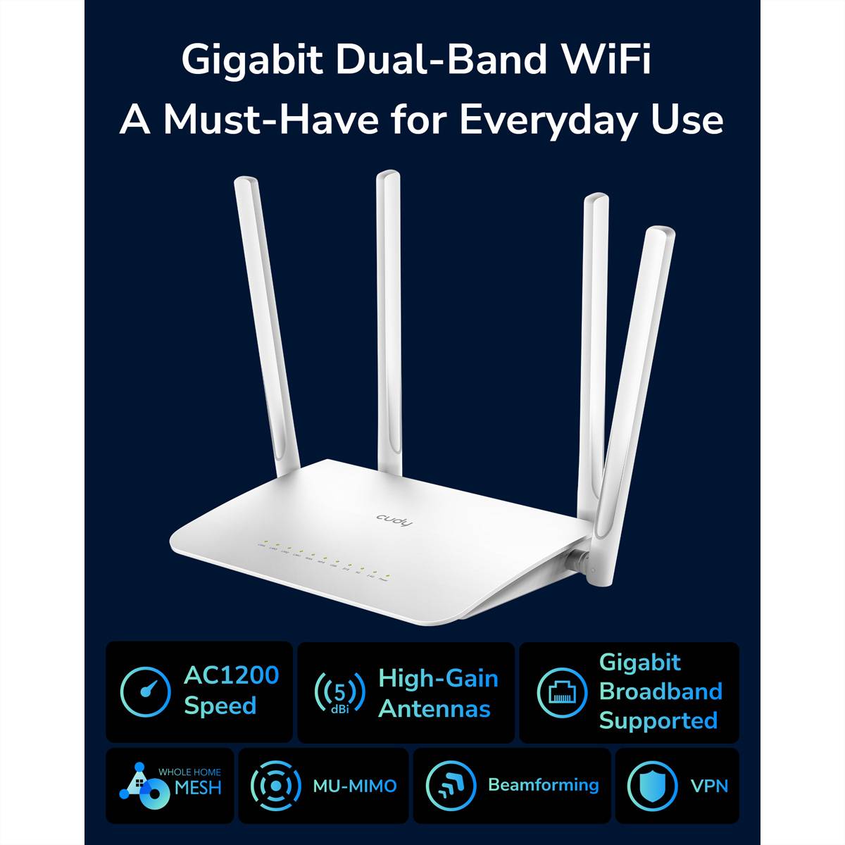 CUDY WR1300, Wi-Fi 5 (802.11ac), Dual-Band (2,4 GHz/5 GHz), Eingebauter Ethernet-Anschluss, Weiß, Ta