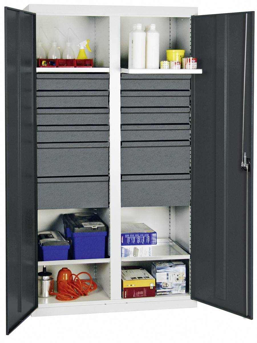 Werkzeugschrank S3000 RAL 7035/7016 2 Abt., 4 Wannenböden 12 Schubladen