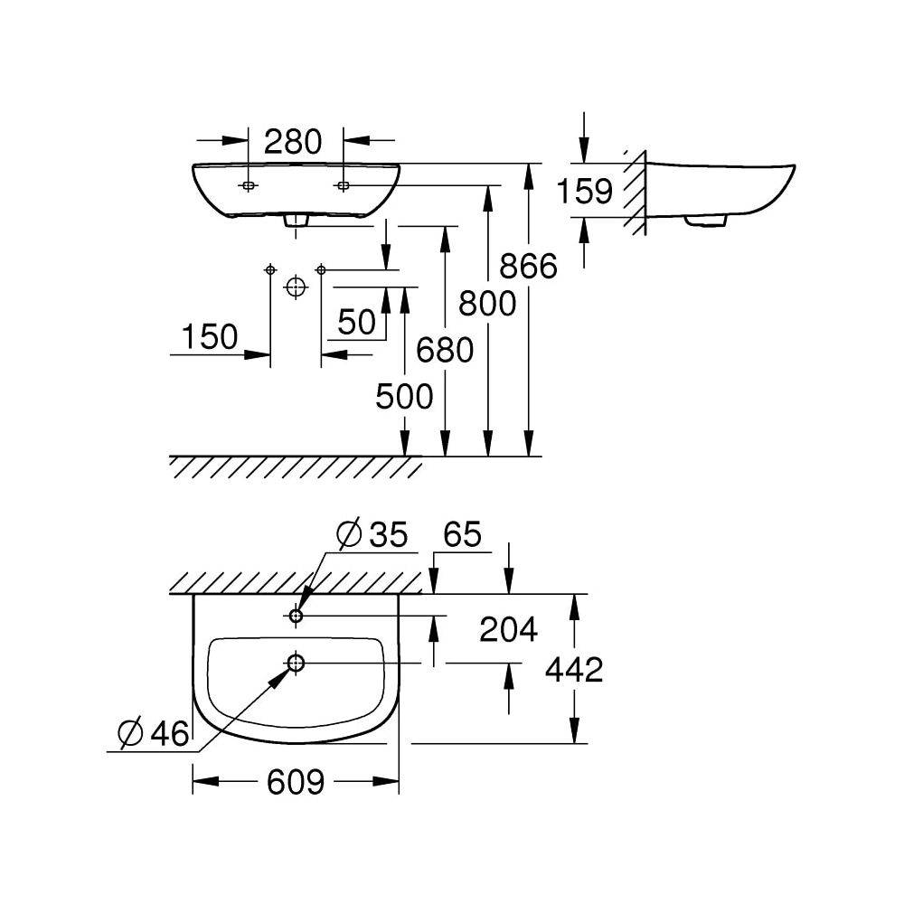 Grohe Bau Keramik Waschtisch, Alpinweiß wandhängend, 609x442mm, 1 Hahnloch, mit Überlauf, aus Sanitärkeramik
