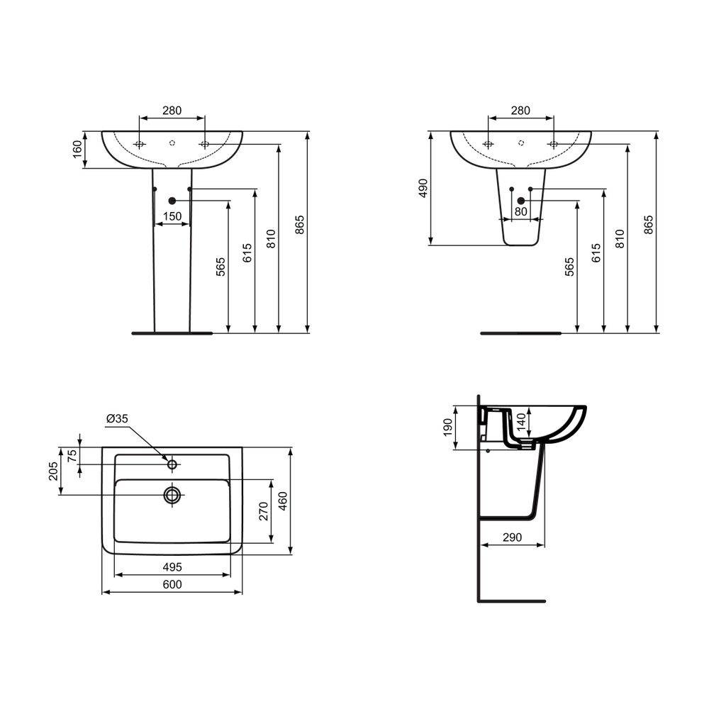 Ideal Standard Waschtisch Eurovit Plus, 1 Hl., mit Überlauf 600x460x190mm, Weiß
