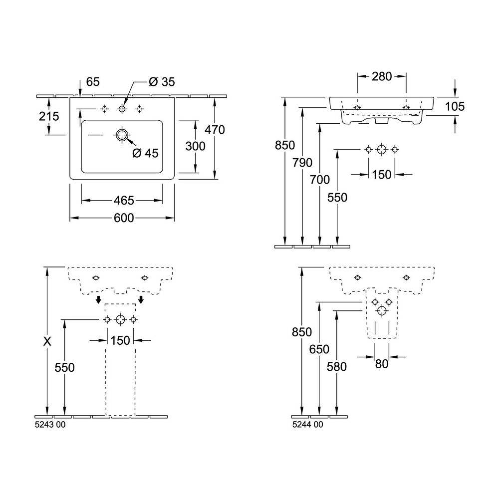 Villeroy & Boch Waschbecken Subway 2.0 711360 600x470mm Rechteck 1 Hahnloch mit Überlauf Weiß Alpin
